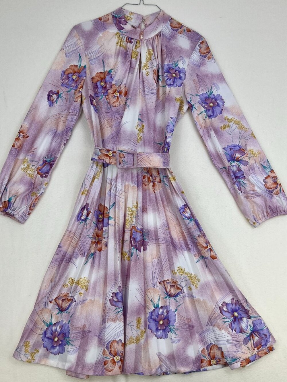 70s Lavender Floral Midi Dress Belted Mock Neck Pleated M